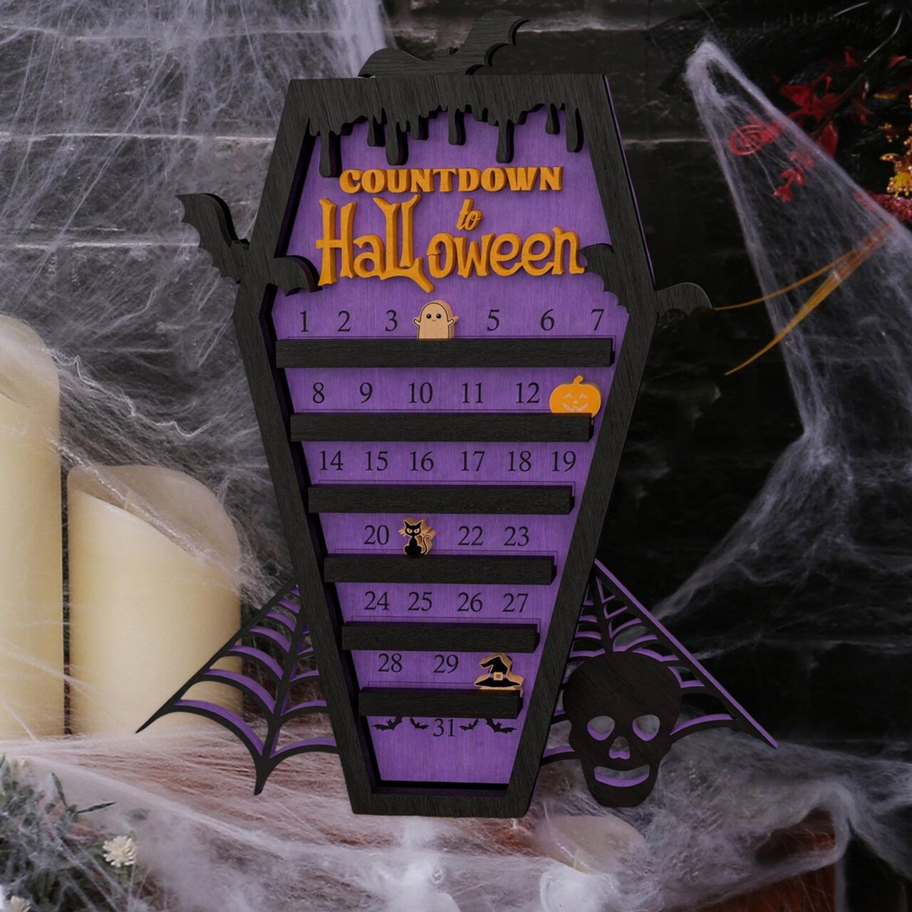 Halloween Advent Calendar Wooden Casket Countdown Calendar With Ghost Pumpkin Cat Moving Signs Halloween Indoor Decors